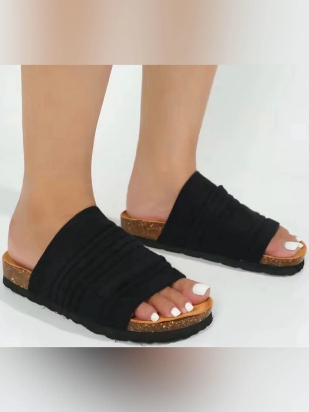 Cape Robbin Black Slide Sandals with Cork-Style Footbed
